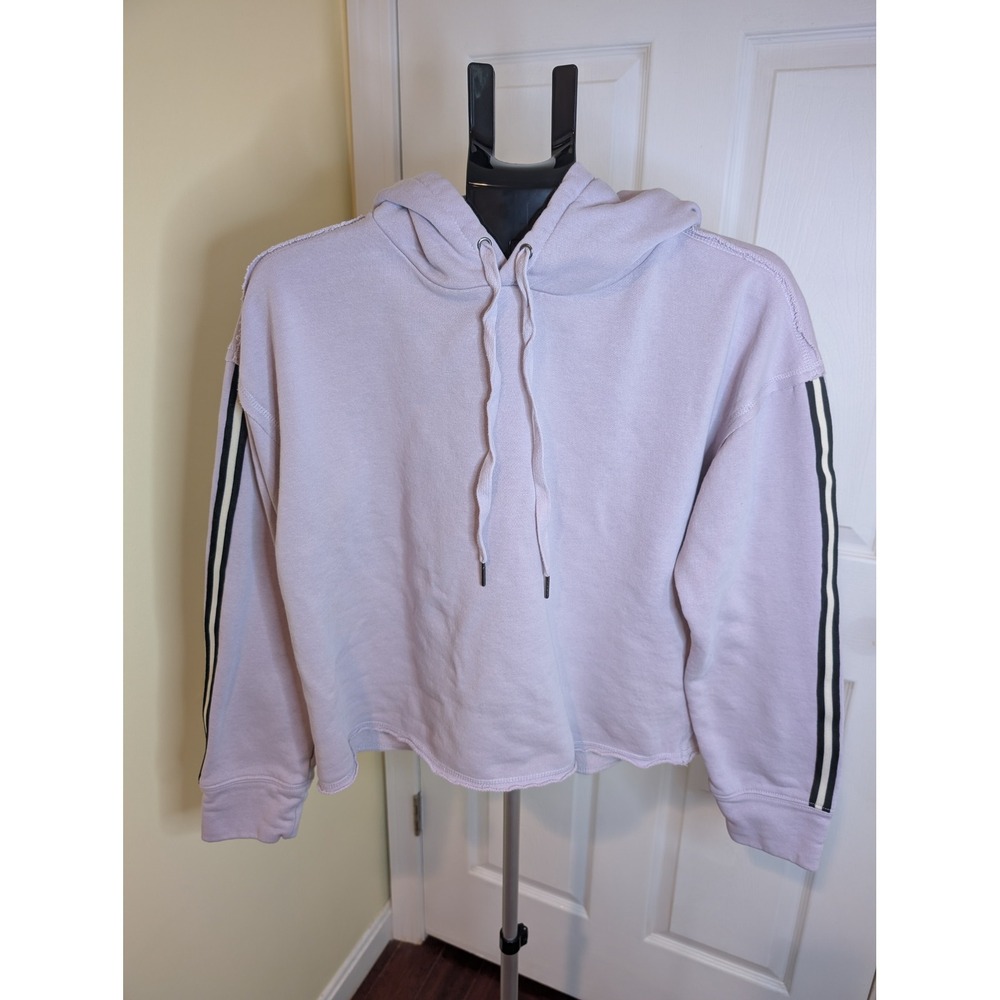 Evereve Kerry Tape Trim Hoodie Womens Large Purple Cropped Raw Hem Pullover